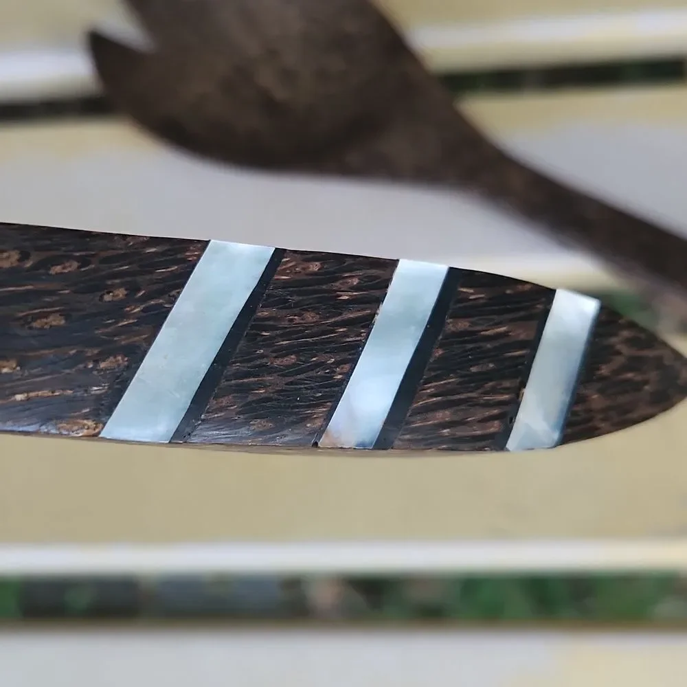 Salad Fork Spoon Wooden Serving Set Abalone Inlay